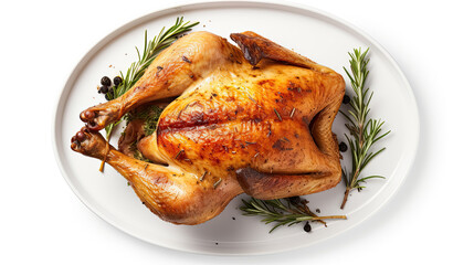 top view a roasted chicken in a white plate with rosemary isolated on white background