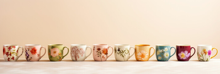 Group of retro vintage cups with floral pattern. Side view. Light background. Generative AI