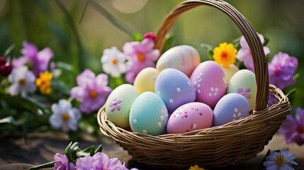 Fototapeta na wymiar Vibrant Easter basket filled with beautifully decorated pastel-colored eggs, adorned with ribbons, flowers, and intricate designs. A festive celebration of joy, creativity, and tradition.