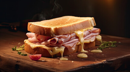 sandwich with ham and melted cheese on wooden board