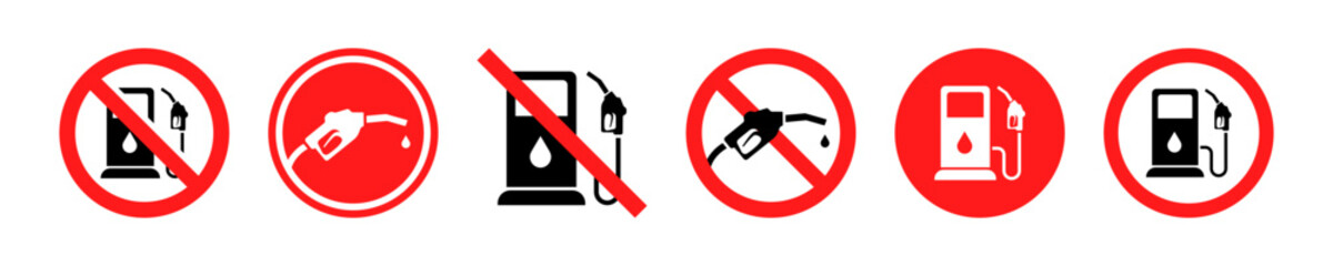 Set of no fuel station vector icons. Red forbidden signs with gas pump. Stop petrol or diesel. Vector 10 Eps.
