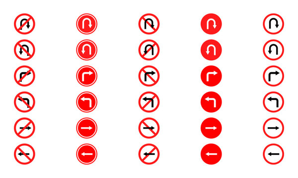 Set of no turn and u-turn left and right. Red prohibited road signs with arrows. Warning traffic sign for driver. Vector 10 Eps.