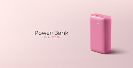 Pink power bank, portable charger, 3D. For new technologies, branding. Banner for web advertising. Vector illustration.