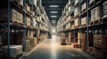 A well-organized warehouse with towering metal shelves holding arranged goods like electronics and household items. Soft, diffused light highlights sharp edges, creating depth
