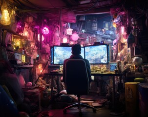 Fototapeta na wymiar pokój z biurkiem i monitorami w stylu vintage jak podziemie hakerów