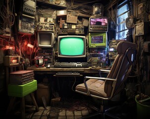 pokój z biurkiem i monitorami w stylu vintage jak podziemie hakerów - obrazy, fototapety, plakaty