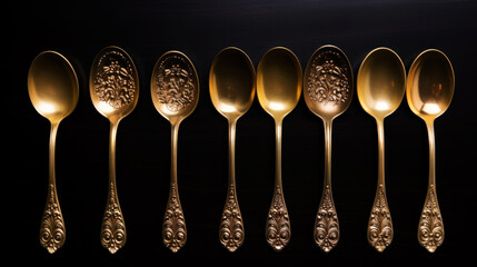 Vintage gold spoons with engraved floral pattern on a dark background. View from above. Generative AI