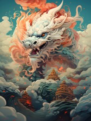 Obraz przedstawiający chińskiego smoka wyłaniającego się z kolorowych chmur.  - obrazy, fototapety, plakaty