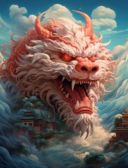 Obraz przedstawiający chińskiego smoka wyłaniającego się z kolorowych chmur.  - obrazy, fototapety, plakaty