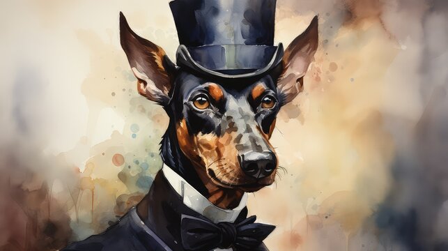 pies doberman w kapeluszu i muszce z kołnieżykiem