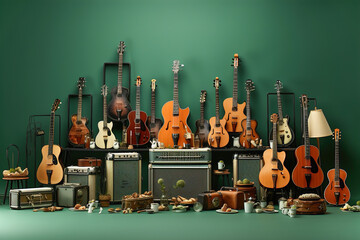Set of guitars and other musical instruments. Musical flat green background. - obrazy, fototapety, plakaty