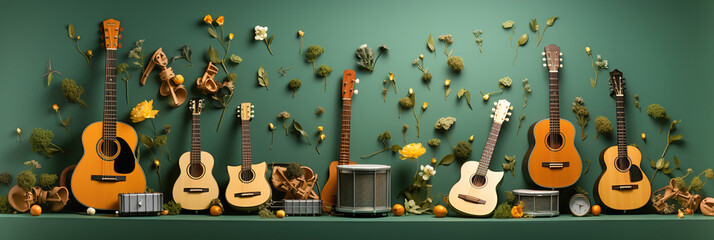 Set of guitars and other musical instruments. Musical flat green background. - obrazy, fototapety, plakaty