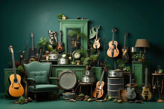 Set of guitars and other musical instruments. Musical flat green background.