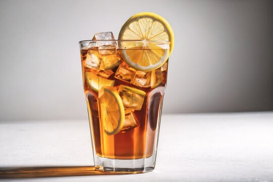 a glass of iced iced tea with lemon and ice