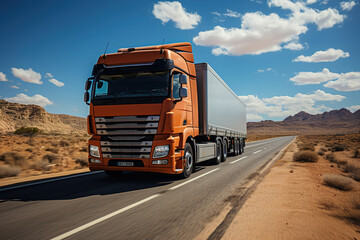 Fototapeta na wymiar A large semi truck driving down a desert road during the day. European truck.