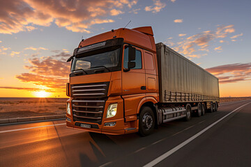 A large semi truck driving down a desert road at sunset. European truck.