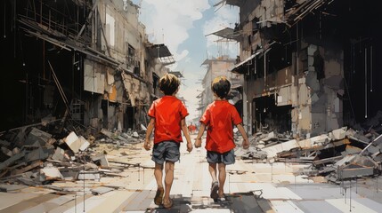 Obraz przedstawiający dwóch chłopców idących przez zniszczone wojną miasto.