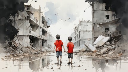 Obraz przedstawiający dwóch chłopców idących przez zniszczone wojną miasto. - obrazy, fototapety, plakaty