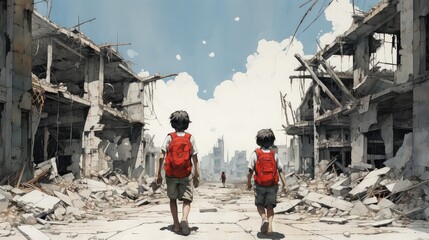 Obraz przedstawiający dwóch chłopców idących przez zniszczone wojną miasto. - obrazy, fototapety, plakaty
