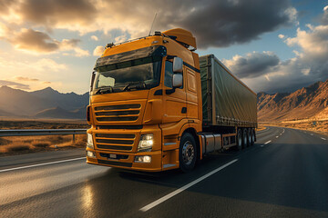 Fototapeta na wymiar A large semi truck driving down a desert road at sunset. European truck.