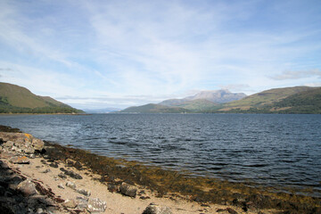 Fototapeta na wymiar A view of Loch Eli in Scotland looking towards Fort William with Ben Nevis in the background