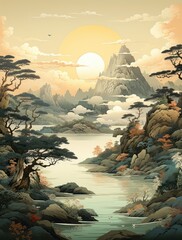 Krajobraz chińskich terenów górskich w japońskim stylu.  - obrazy, fototapety, plakaty