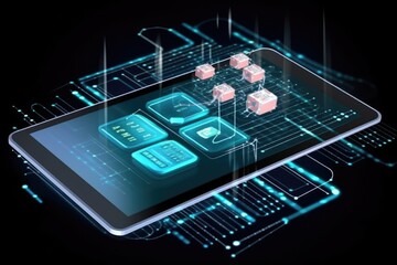 Fototapeta premium Tablet caught in the swirling whirlpool of data nanotechnology and artificial intelligence