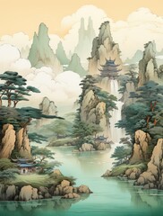 Krajobraz chińskich terenów górskich w japońskim stylu.  - obrazy, fototapety, plakaty