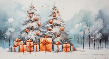 Obraz w stylu akwareli przedstawiający bożonarodzeniową choinkę z bombkami i prezentami w zimowej scenerii. 