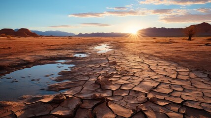 Wysychające źródło wody na pustynni z popękaną piaszczystą glebą.  - obrazy, fototapety, plakaty