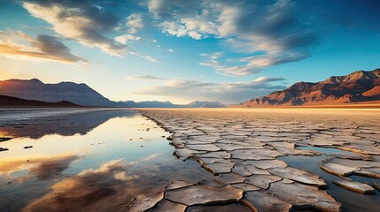 Wysychające źródło wody na pustynni z popękaną piaszczystą glebą. 