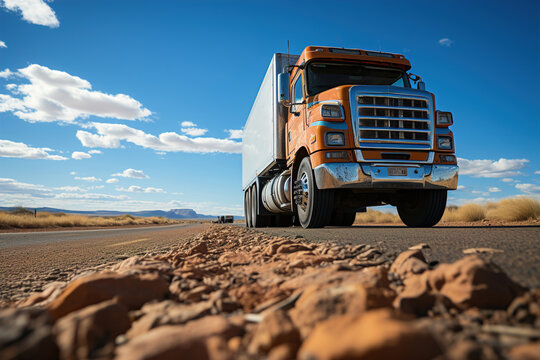 A Large Semi Truck Driving Down A Desert Road. Low Pint Of View. Close Up.