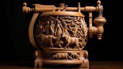 an old-fashioned butter churn with detailed wooden carvings - obrazy, fototapety, plakaty