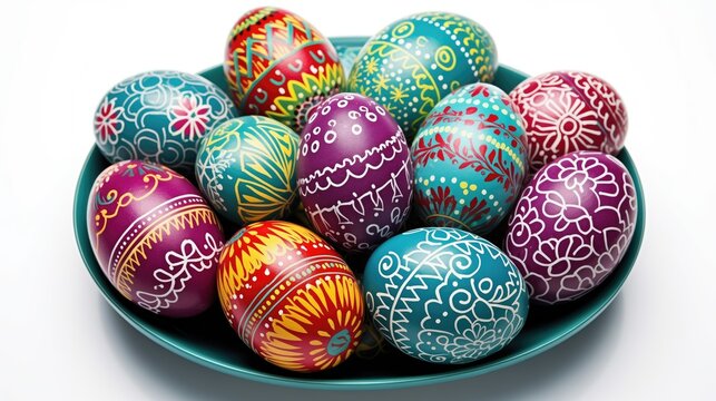 Vibrant and festive Easter eggs arranged neatly in a symmetrical pattern on a white background. Hyper-realistic with sharp focus and vibrant colors. Perfect for holiday celebrations and arts