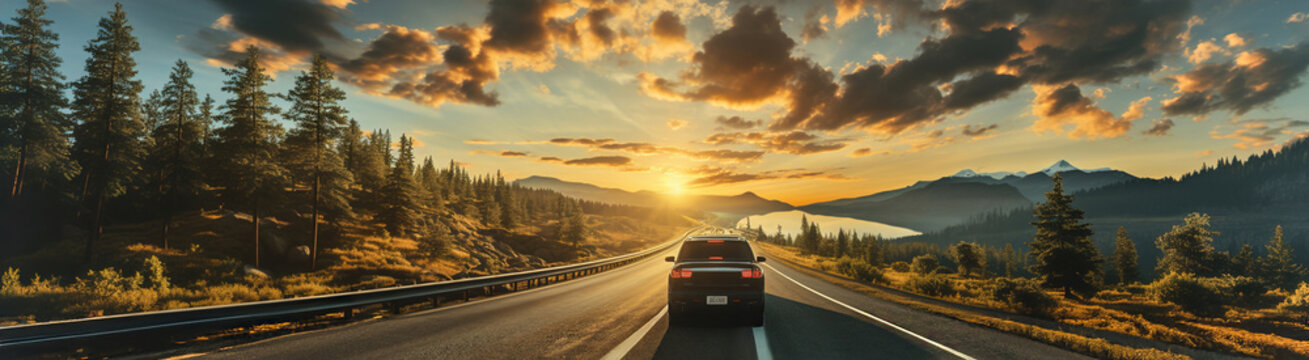 A car driving down a road next to a forest at sunset. Large panoramic image.