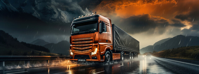 Semi truck driving down a rain soaked road. Transportation in rainy day. Panoramic image.
