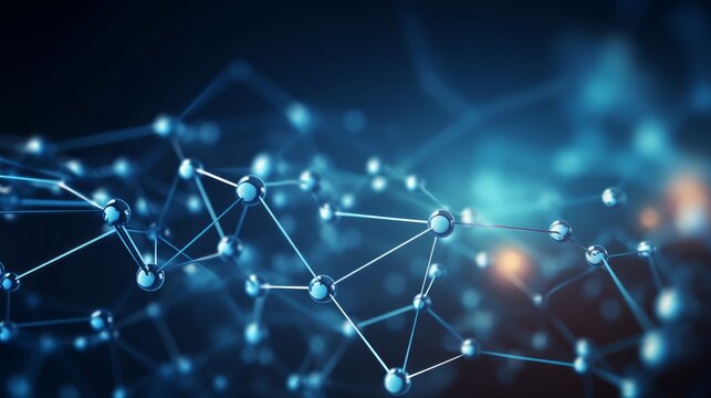 Abstract digital background with molecules and lines on a dark blue background.  