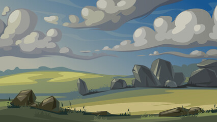 Vector landscape with stones and clouds