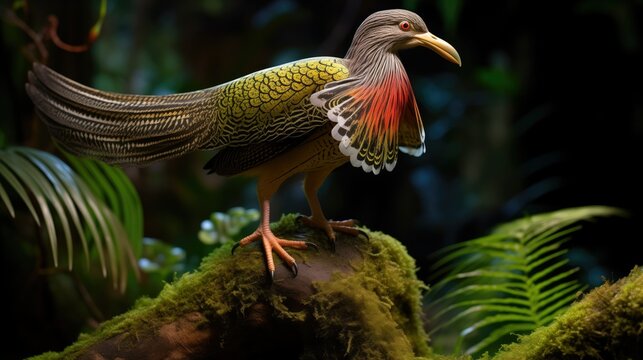 Sunbittern bird in mid-flight, wings spread wide, vibrant colors, intricate patterns, perched on moss-covered branch in tropical rainforest. Sharp-focus, hyper-realistic image with sunlight filtering