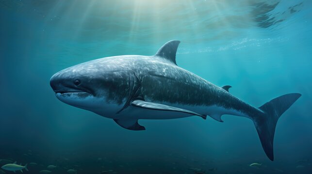 Endangered vaquita, small porpoise with distinct eye patches, swimming gracefully in crystal-clear waters of Gulf of California. A symbol of marine conservation efforts.
