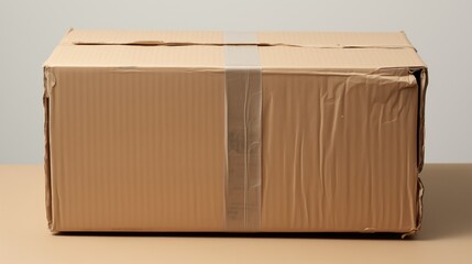 Worn-out cardboard box with rounded corners, fraying edges, and faded brown color. Clear packing tape secures top flaps, showing signs of previous handling. Well-lit with subtle shadows