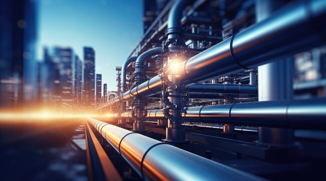 Pipeline rig, reflecting sunlight on metallic surfaces, industrial background image, great for a wallpaper