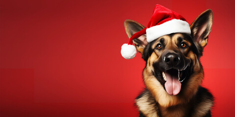 german shepherd wearing santa hat on red background with copy space excited for christmas