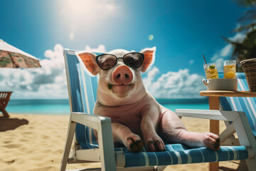 Generative AI illustration of funny little pig with sunglasses