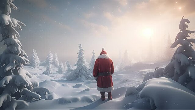 	
Santa Claus looking at the horizon in a magical forest. Created with generative AI.	
