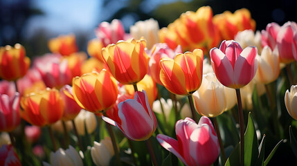 the vibrant colors and patterns of a tulip garden in full bloom, where rows of tulips create a mesmerizing sight created with Generative Ai