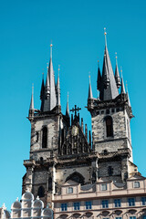 Fototapeta na wymiar The Church of Our Lady before Týn in Prague with two tall Gothic spires.