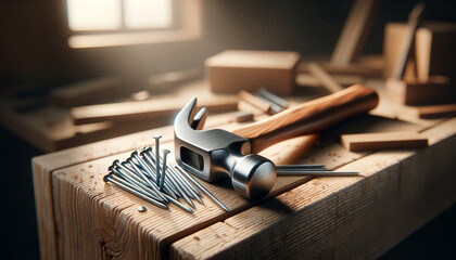 Construction hammer and nails for carpentry - obrazy, fototapety, plakaty