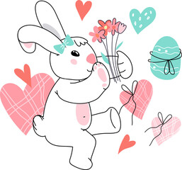 Easter bunny with flowers and hearts. Cute funny bunny or rabbit for Easter cards and spring holiday invitation, print or sticker, doodle kawaii style.