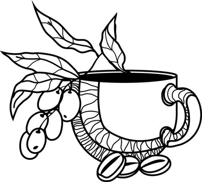 Coffee cup with beans in black line graphic for emblem or logo design. Monochrome black line image of coffee plant elements with cup.